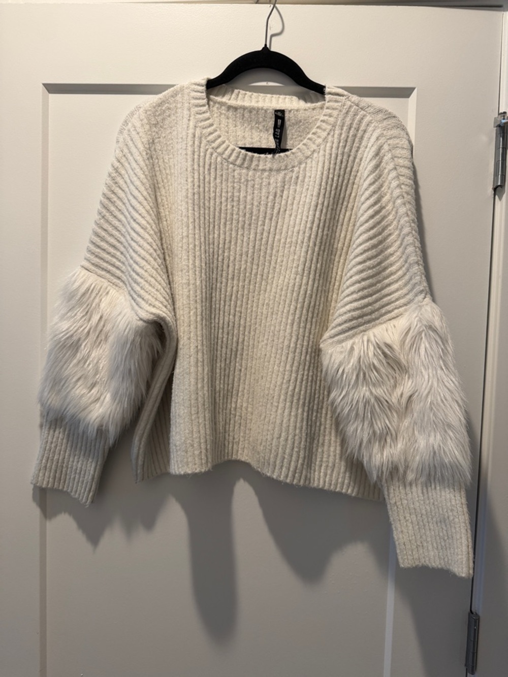 Design Lab Lord & Taylor Cream Faux-Fur Sleeve Ribbed Crew Sweater